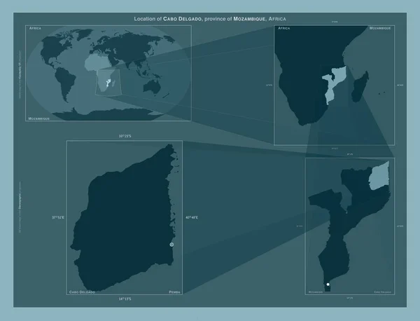 卡波德尔加多 莫桑比克省 在大比例尺地图上显示该区域位置的图表 坚实背景下矢量框架和Png形状的组成 — 图库照片