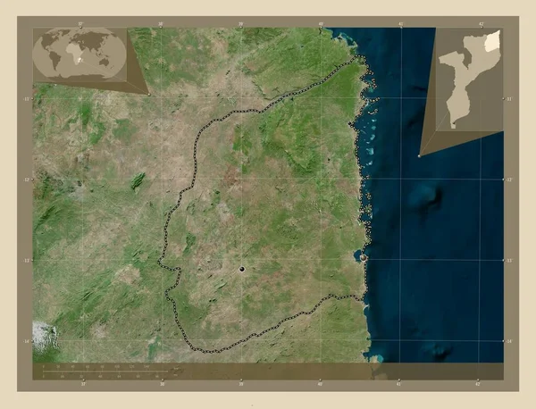 モザンビークのカボ デルガド州 高解像度衛星地図 地域の主要都市の場所 コーナー補助位置図 — ストック写真