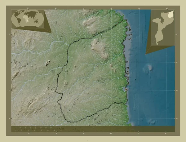 卡波德尔加多 莫桑比克省 用Wiki风格绘制的带有湖泊和河流的高程地图 角辅助位置图 — 图库照片