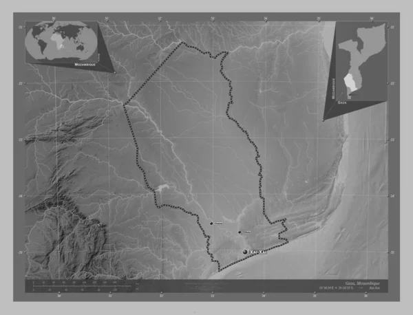 Strefa Gazy Prowincja Mozambik Mapa Wzniesień Skali Szarości Jeziorami Rzekami — Zdjęcie stockowe