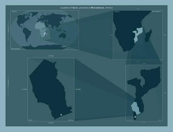 加萨省 莫桑比克省 在大比例尺地图上显示该区域位置的图表 坚实背景下矢量框架和Png形状的组成 — 图库照片