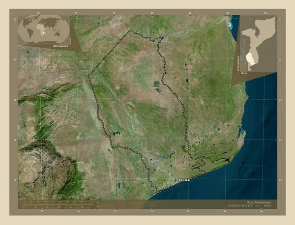 加萨省 莫桑比克省 高分辨率卫星地图 该区域主要城市的地点和名称 角辅助位置图 — 图库照片