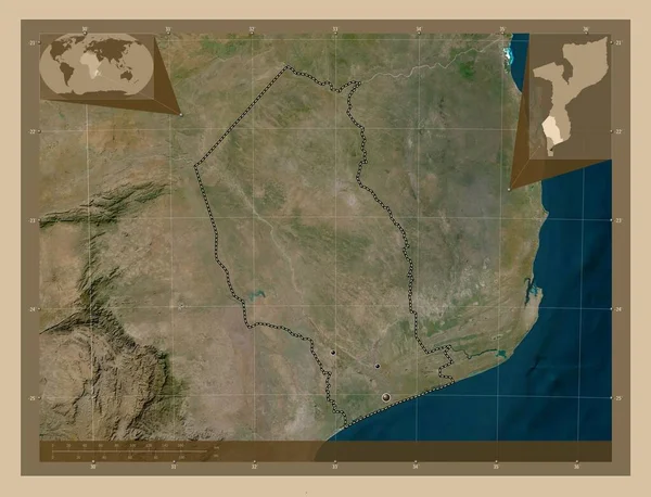 加萨省 莫桑比克省 低分辨率卫星地图 该区域主要城市的所在地点 角辅助位置图 — 图库照片