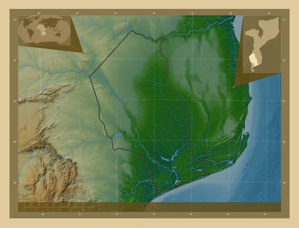 加萨省 莫桑比克省 有湖泊和河流的彩色高程图 该区域主要城市的所在地点 角辅助位置图 — 图库照片