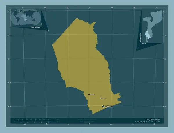 モザンビーク共和国のガザ しっかりした色の形 地域の主要都市の位置と名前 コーナー補助位置図 — ストック写真
