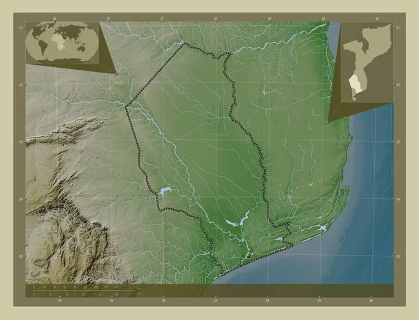 Gaza Provincie Mosambik Zdvihová Mapa Zbarvená Stylu Wiki Jezery Řekami — Stock fotografie
