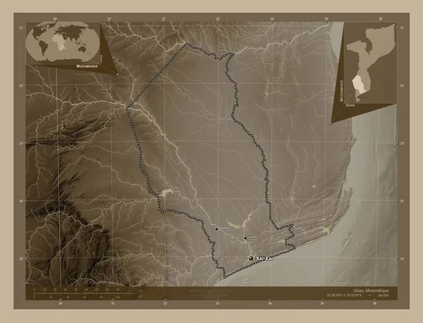 Газа Провинция Мозамбик Карта Высоты Окрашенная Сепиевые Тона Озерами Реками — стоковое фото
