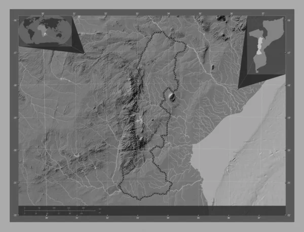 Маніка Провінція Мозамбік Білевелівська Карта Висот Озерами Річками Кутові Допоміжні — стокове фото