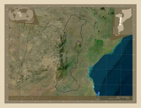 莫桑比克省马尼卡 高分辨率卫星地图 该区域主要城市的地点和名称 角辅助位置图 — 图库照片
