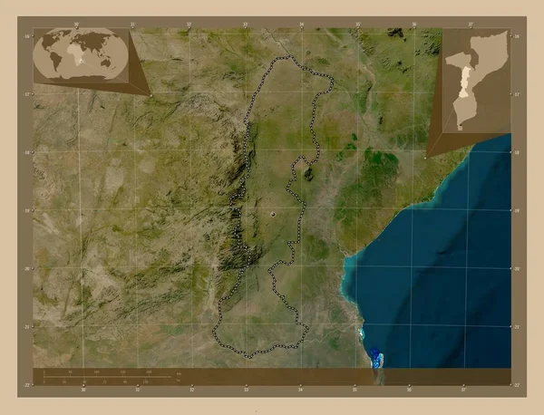 莫桑比克省马尼卡 低分辨率卫星地图 该区域主要城市的所在地点 角辅助位置图 — 图库照片