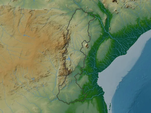莫桑比克省马尼卡 带有湖泊和河流的彩色高程图 — 图库照片