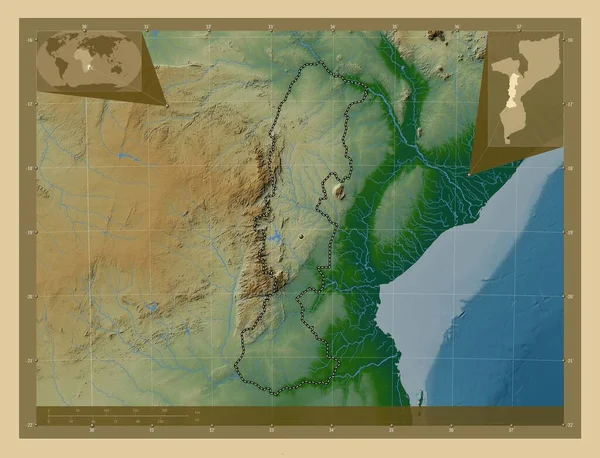 Manica Provincie Mosambik Barevná Mapa Jezery Řekami Pomocné Mapy Polohy — Stock fotografie