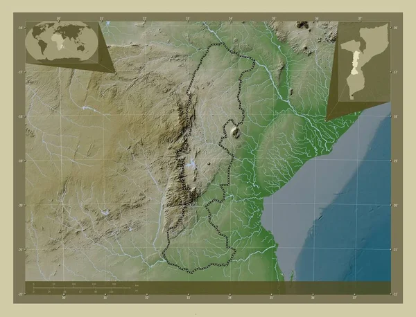 Маника Провинция Мозамбик Карта Высоты Окрашенная Вики Стиле Озерами Реками — стоковое фото