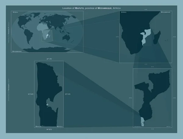 莫桑比克马普托省 在大比例尺地图上显示该区域位置的图表 坚实背景下矢量框架和Png形状的组成 — 图库照片