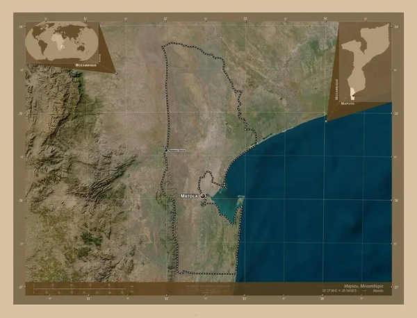 莫桑比克马普托省 低分辨率卫星地图 该区域主要城市的地点和名称 角辅助位置图 — 图库照片