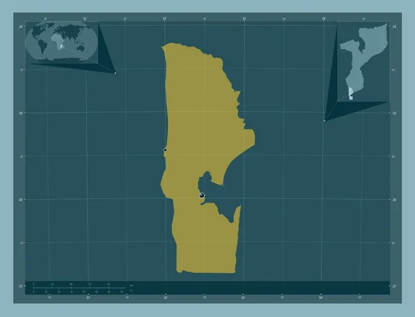 莫桑比克马普托省 固体的颜色形状 该区域主要城市的所在地点 角辅助位置图 — 图库照片