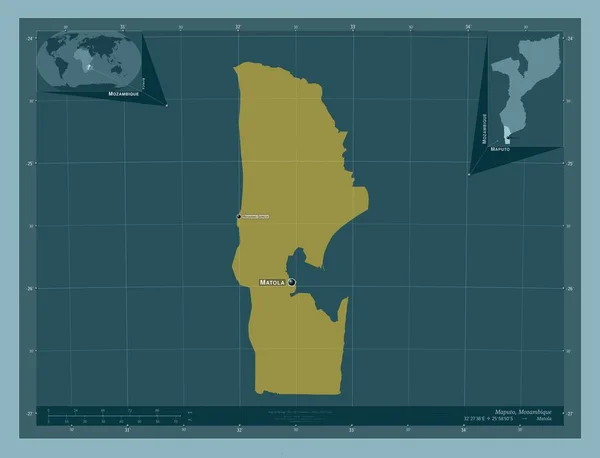 莫桑比克马普托省 固体的颜色形状 该区域主要城市的地点和名称 角辅助位置图 — 图库照片