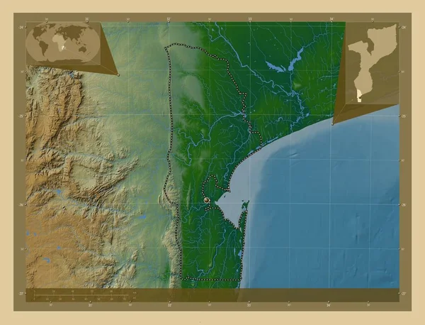 モザンビークのマプト州 湖や川と色の標高マップ コーナー補助位置図 — ストック写真