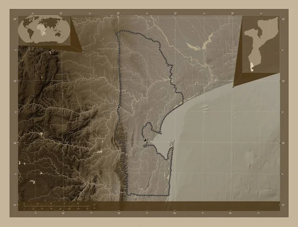 Мапуту Провинция Мозамбик Карта Высоты Окрашенная Сепиевые Тона Озерами Реками — стоковое фото