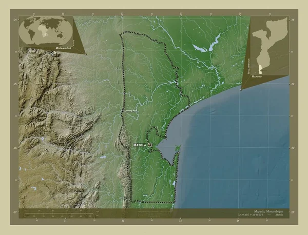 Maputo Mozambik Vilayeti Yükseklik Haritası Göller Nehirlerle Wiki Tarzında Renklendirilmiş — Stok fotoğraf