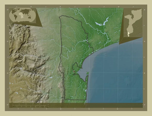 莫桑比克马普托省 用Wiki风格绘制的带有湖泊和河流的高程地图 角辅助位置图 — 图库照片