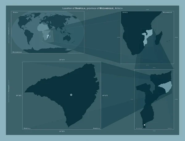 莫桑比克省楠普拉 在大比例尺地图上显示该区域位置的图表 坚实背景下矢量框架和Png形状的组成 — 图库照片