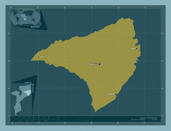 モザンビーク共和国のナンプラ州 しっかりした色の形 地域の主要都市の位置と名前 コーナー補助位置図 — ストック写真