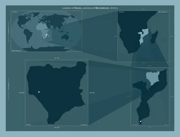 莫桑比克Nassa省 在大比例尺地图上显示该区域位置的图表 坚实背景下矢量框架和Png形状的组成 — 图库照片