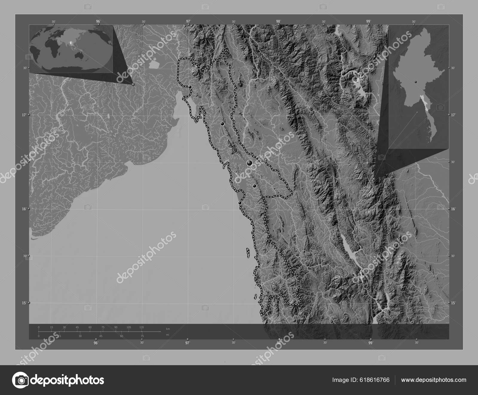 Mon State Myanmar Bilevel Elevation Map Lakes Rivers Locations Major ...