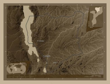 Nassa, Mozambik vilayeti. Yükseklik haritası sepya tonlarında göller ve nehirlerle renklendirilmiş. Bölgenin büyük şehirlerinin yerleri ve isimleri. Köşedeki yedek konum haritaları