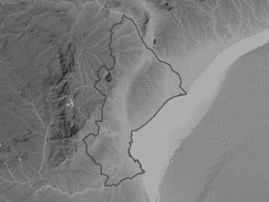 Sofala, Mozambik vilayeti. Gölleri ve nehirleri olan gri tonlama yükseklik haritası