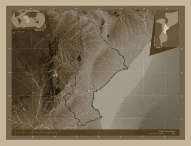 Sofala, Mozambik vilayeti. Yükseklik haritası sepya tonlarında göller ve nehirlerle renklendirilmiş. Bölgenin büyük şehirlerinin yerleri ve isimleri. Köşedeki yedek konum haritaları