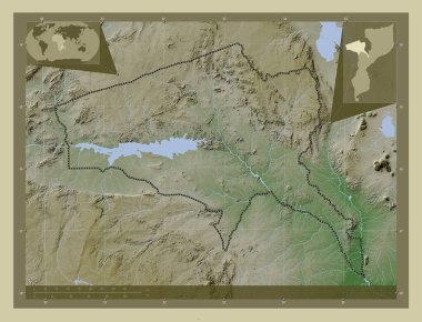 Tete, Mozambik vilayeti. Yükseklik haritası göller ve nehirlerle wiki tarzında renklendirilmiş. Bölgenin büyük şehirlerinin yerleri. Köşedeki yedek konum haritaları