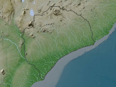 Zambezia, Mozambik ili. Yükseklik haritası göller ve nehirlerle wiki stilinde renklendirilmiştir