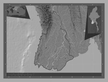 Ayeyarwady, Myanmar Bölümü. Göllü ve nehirli çift katlı yükseklik haritası. Bölgenin büyük şehirlerinin yerleri. Köşedeki yedek konum haritaları