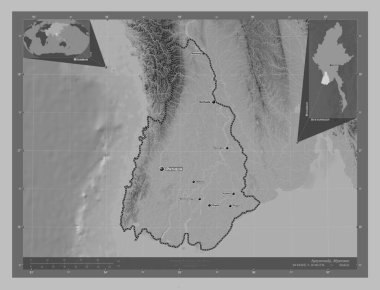 Ayeyarwady, Myanmar Bölümü. Gölleri ve nehirleri olan gri tonlama yükseklik haritası. Bölgenin büyük şehirlerinin yerleri ve isimleri. Köşedeki yedek konum haritaları