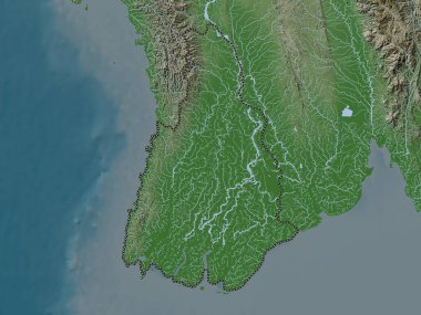 Ayeyarwady, Myanmar Bölümü. Yükseklik haritası göller ve nehirlerle wiki stilinde renklendirilmiştir