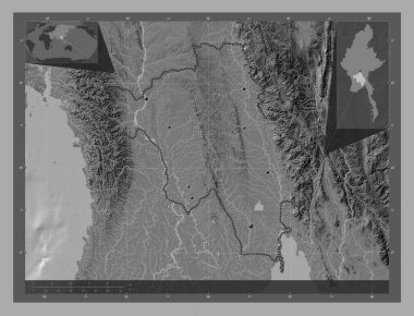 Bago, Myanmar 'ın bölüğü. Göllü ve nehirli çift katlı yükseklik haritası. Bölgenin büyük şehirlerinin yerleri. Köşedeki yedek konum haritaları