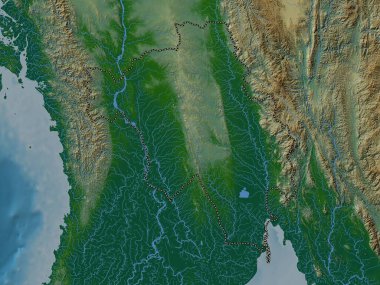 Bago, Myanmar 'ın bölüğü. Gölleri ve nehirleri olan renkli yükseklik haritası