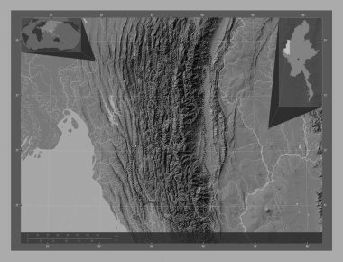 Chin, Myanmar Eyaleti. Göllü ve nehirli çift katlı yükseklik haritası. Köşedeki yedek konum haritaları