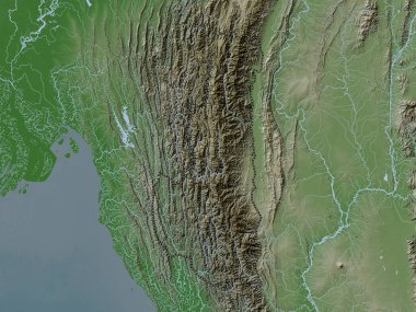 Chin, Myanmar Eyaleti. Yükseklik haritası göller ve nehirlerle wiki stilinde renklendirilmiştir