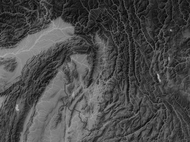 Kachin, Myanmar Eyaleti. Gölleri ve nehirleri olan gri tonlama yükseklik haritası