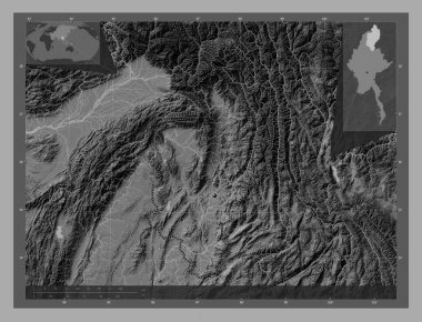 Kachin, Myanmar Eyaleti. Göllü ve nehirli çift katlı yükseklik haritası. Köşedeki yedek konum haritaları