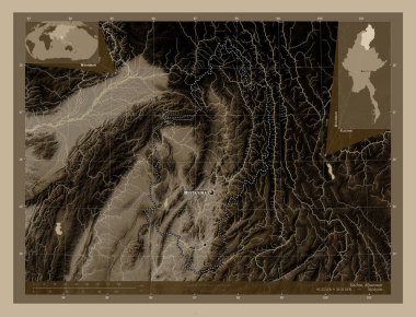 Kachin, Myanmar Eyaleti. Yükseklik haritası sepya tonlarında göller ve nehirlerle renklendirilmiş. Bölgenin büyük şehirlerinin yerleri ve isimleri. Köşedeki yedek konum haritaları