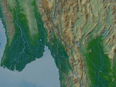 Kayin, Myanmar Eyaleti. Gölleri ve nehirleri olan renkli yükseklik haritası
