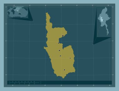 Magway, Myanmar 'ın bölümü. Katı renk şekli. Bölgenin büyük şehirlerinin yerleri. Köşedeki yedek konum haritaları