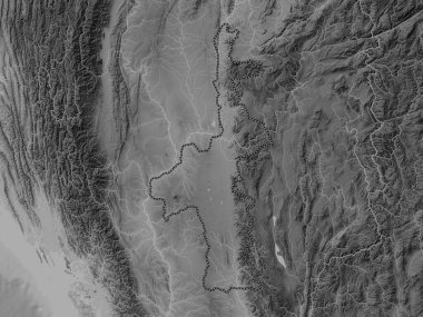 Mandalay, Myanmar 'ın bölüğü. Gölleri ve nehirleri olan gri tonlama yükseklik haritası