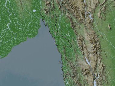 Mon, Myanmar Eyaleti. Yükseklik haritası göller ve nehirlerle wiki stilinde renklendirilmiştir