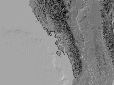 Rakhine, Myanmar Eyaleti. Gölleri ve nehirleri olan çift seviyeli yükseklik haritası