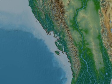 Rakhine, Myanmar Eyaleti. Gölleri ve nehirleri olan renkli yükseklik haritası